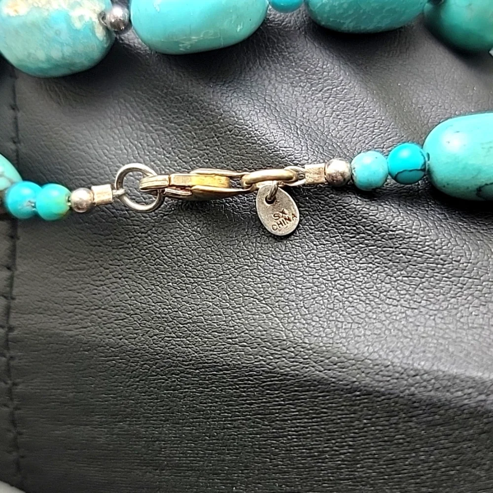 Genuine Turquoise 925 Sterling Silver Hematite Beaded Necklace 11x14mm Beads